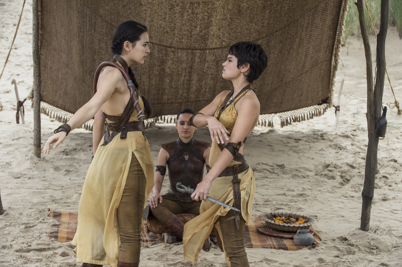Keisha Castle-Hughes (left), Jessica Henwick, Rosabell Laurenti Sellers. (Photo: Helen Sloan/HBO)